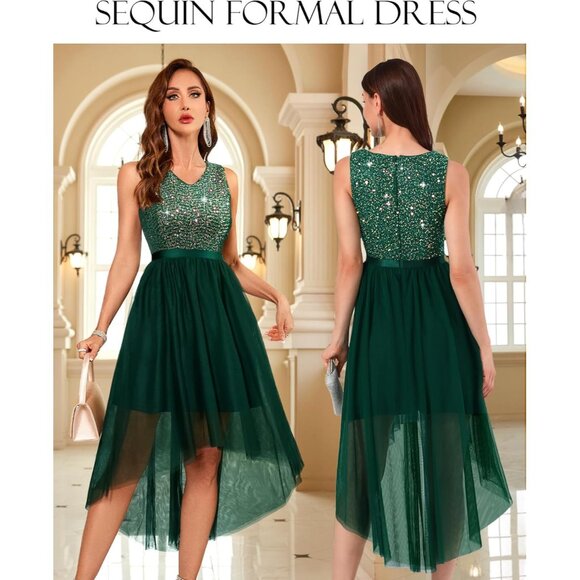 BeryLove Women Tulle Sequin Navy Chiffon Scoop Neck Sleeveless Cocktail Dresses - Picture 3 of 7